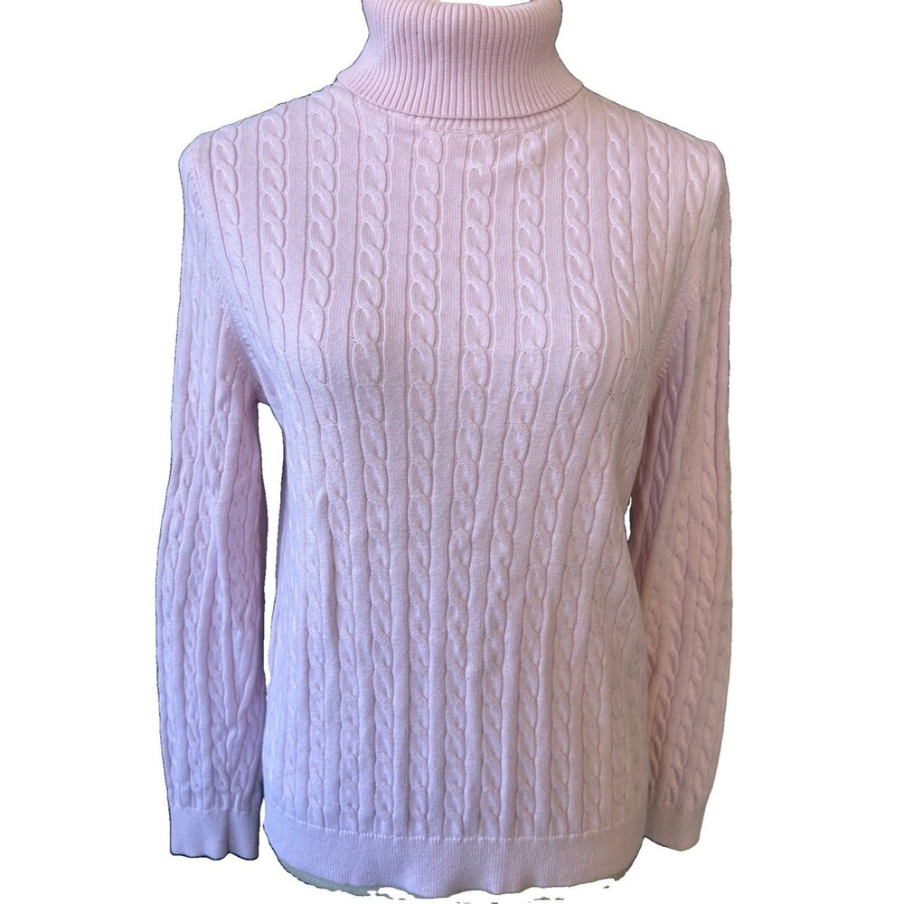 Lands End Womens M 10-12 Pink Cable Knit Cotton Turtle Neck Pullover Sweater